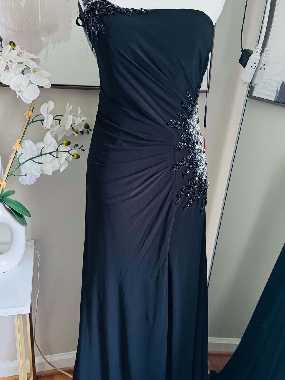 Strapless Black Evening Gown with Side Embellishment